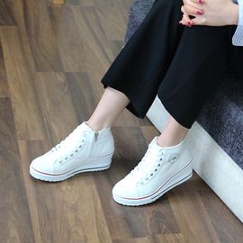 [GIRLS GOOB] Women's Lace Up Casual Comfort Ankle Sneakers, Girl's Invisible High-Heeled Fashion Shoes, Canvas - Made in KOREA